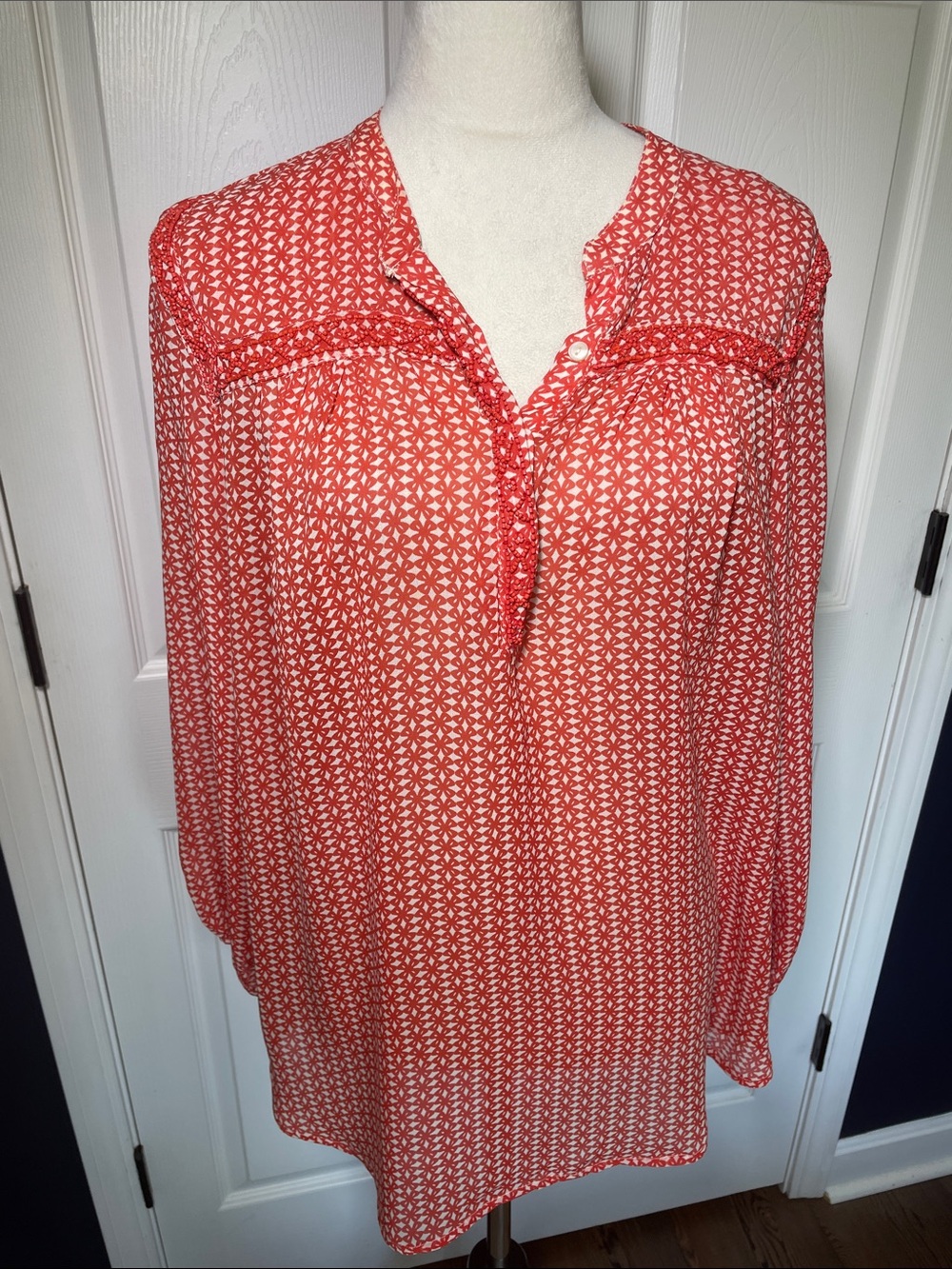 Lucky Brand Red Printed Semi-Sheer Split-Neck‎ Beaded Blouse Size 1X